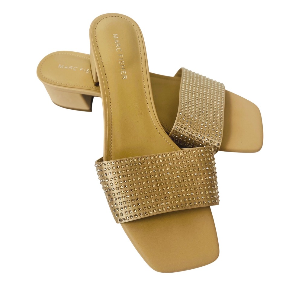 NEW Marc Fisher Tan Rhinestone Square Toe Low Block Heel Slide Sandals 9M luxury